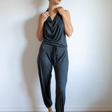 Women's One-piece Cowl Neck Halter Top Backless Yoga Jumpsuit / Romper / Onesie in Smokey Pearl