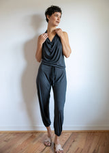 Women's One-piece Cowl Neck Halter Top Backless Yoga Jumpsuit / Romper / Onesie in Smokey Pearl