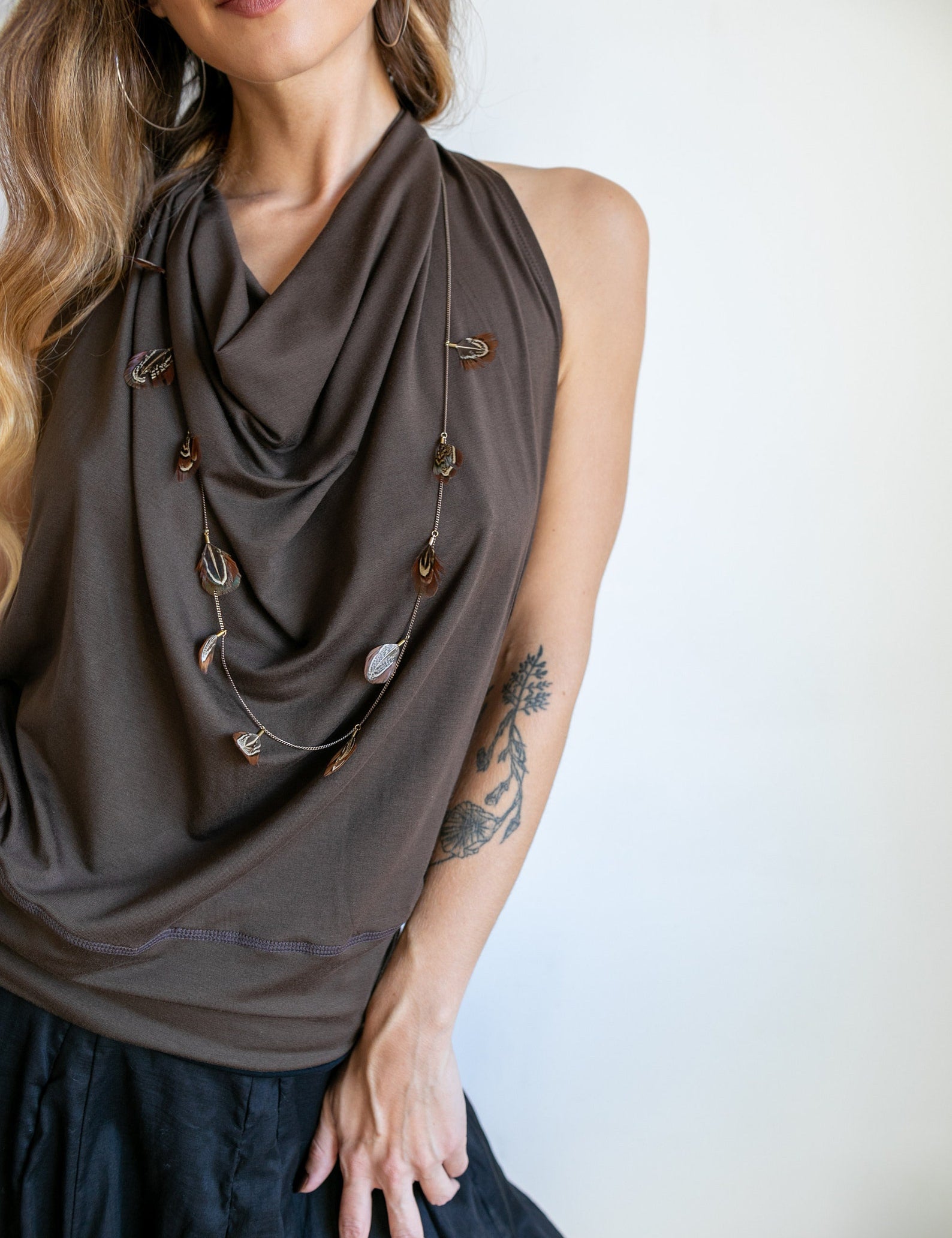 Cowl Front Backless Halter Top in Mocha Boho Brown Drape Blouse