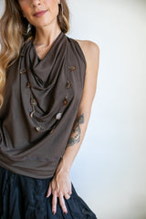 Cowl Front Backless Halter Top in Mocha Boho Brown Drape Blouse