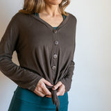 Coconut Button Down Front Sleeve Top in Mocha