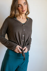 Coconut Button Down Front Sleeve Top in Mocha