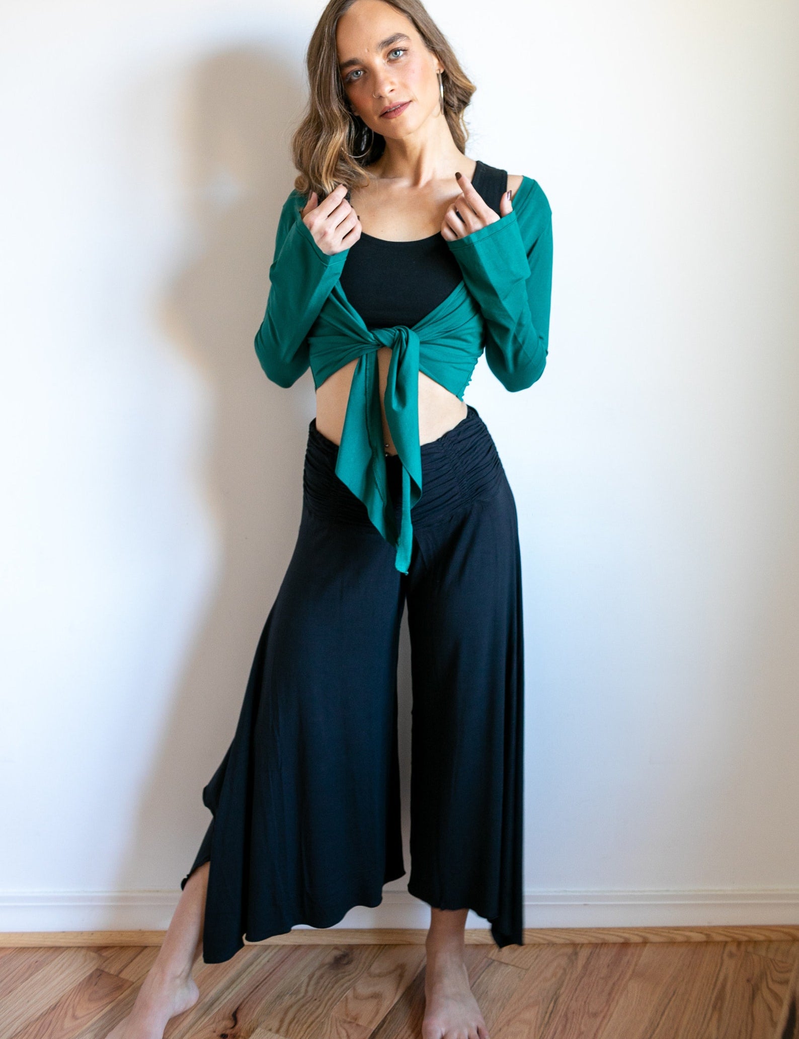 Shakti Ruched Waistband Gaucho Pants in Olive Green
