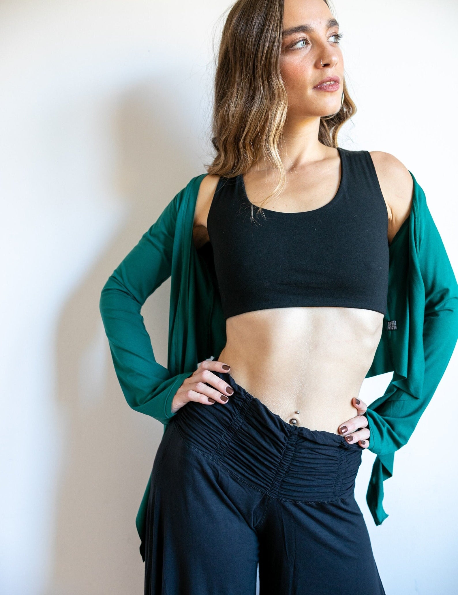 Ruched Waist Wide Leg Pants – Boho Flare, Sustainable Stretch Dance Trousers