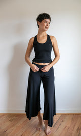 Paris Wide Leg Gaucho Pants, Flared Leg Culottes with Fold Over Waistband in Black
