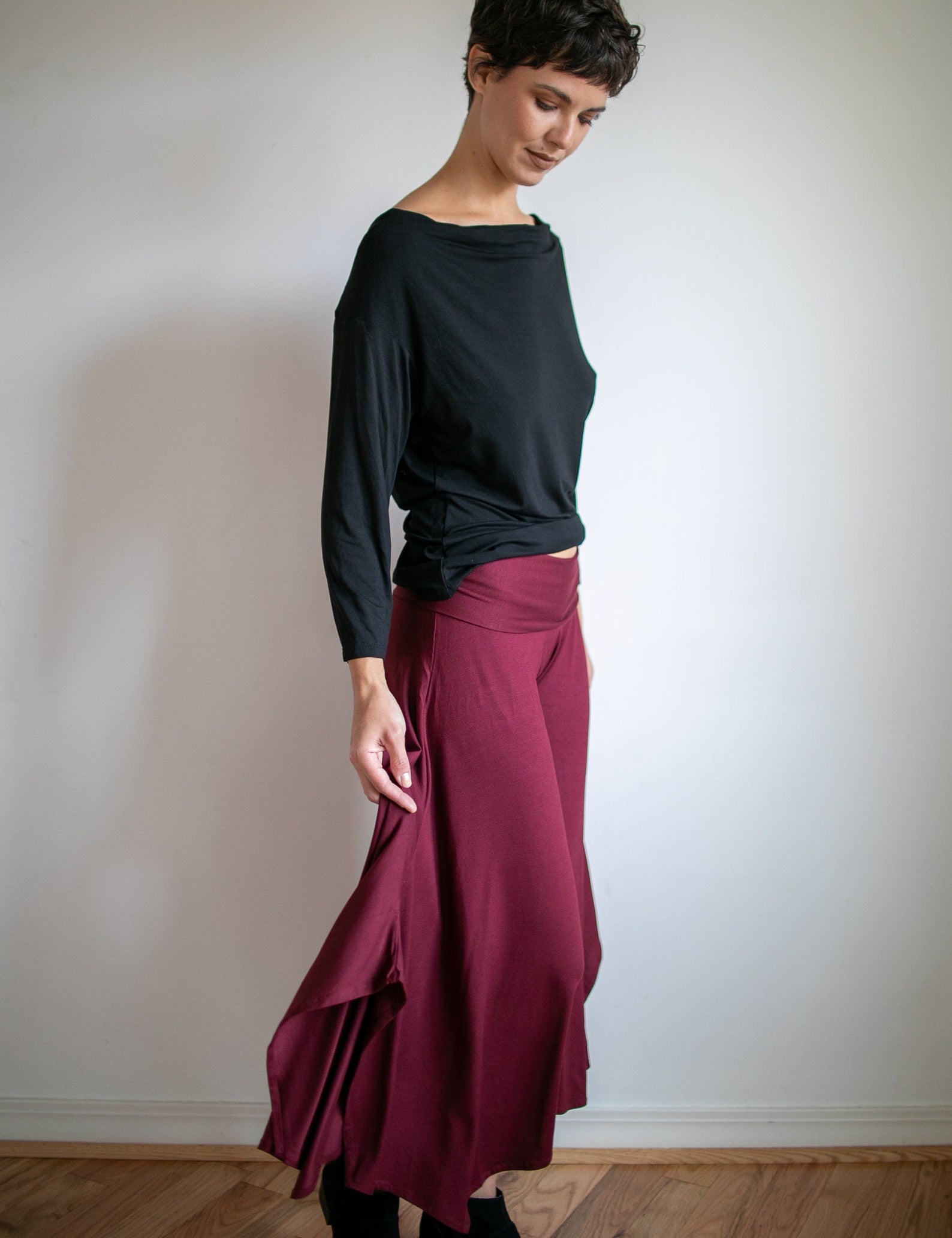 Paris Wide Leg, Flowy, Gaucho Pants, Culottes with Fold Over Waistband in Burgundy