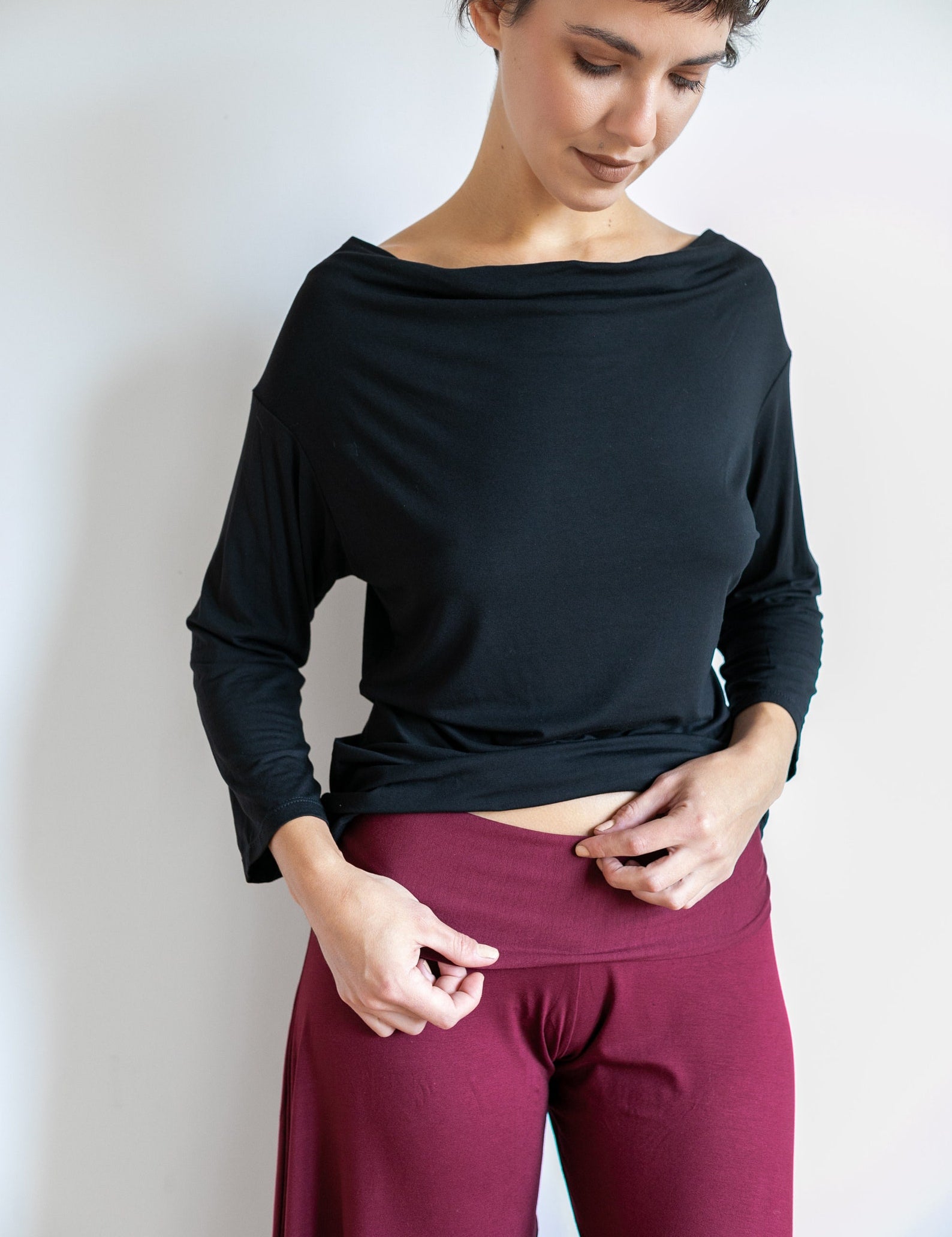 Paris Wide Leg, Flowy, Gaucho Pants, Culottes with Fold Over Waistband in Burgundy