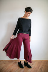 Paris Wide Leg, Flowy, Gaucho Pants, Culottes with Fold Over Waistband in Burgundy