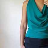 Cowl Front Backless Halter Top in Jasper Green Boho Drape Blouse