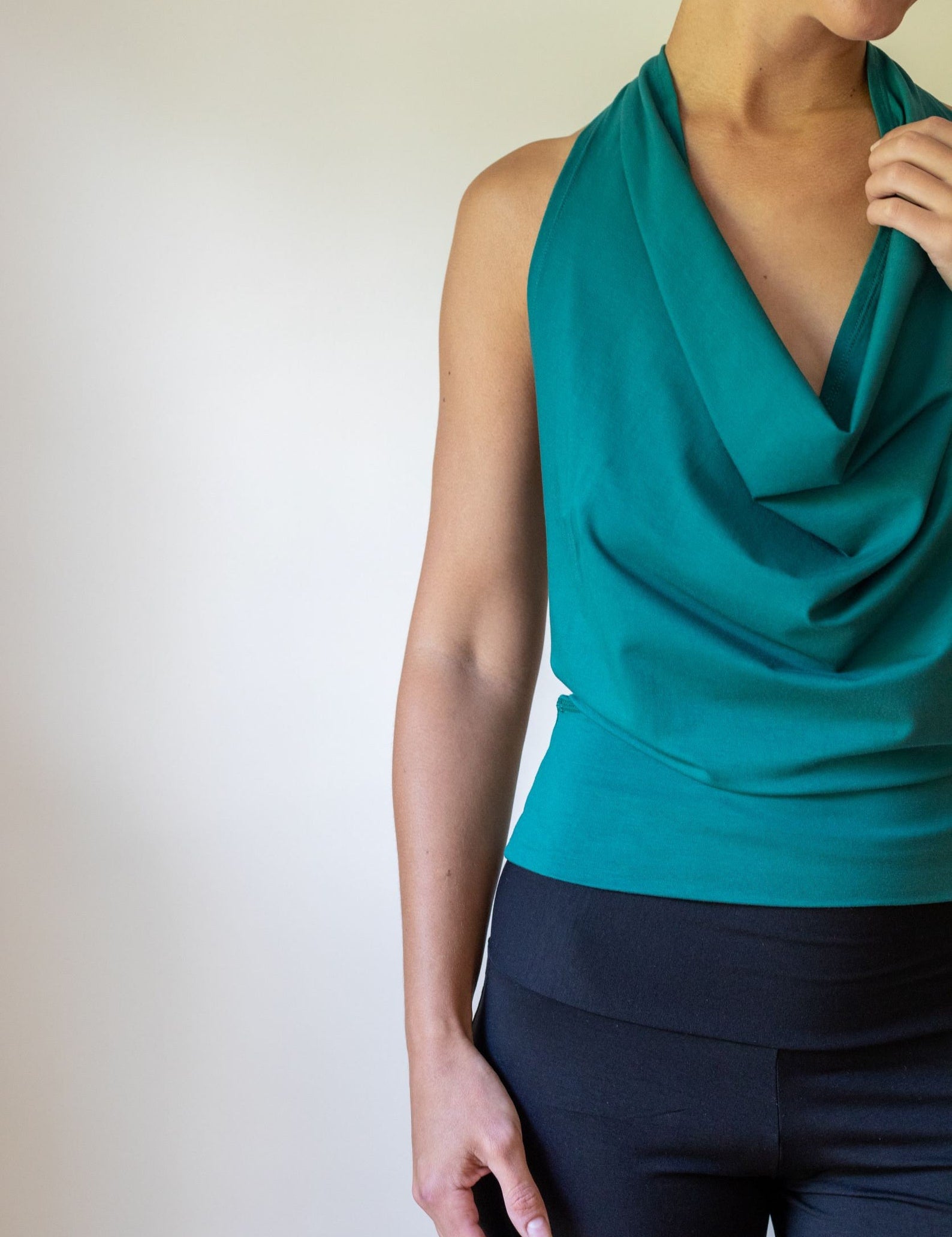 Cowl Front Backless Halter Top in Jasper Green Boho Drape Blouse