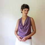 Cowl Front Backless Halter Top in Amethyst Lavender Drape Blouse