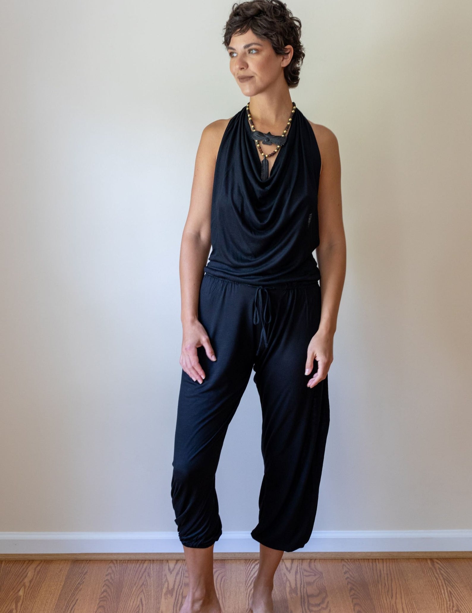 Women's One-piece Cowl Neck Halter Top Backless Yoga Jumpsuit / Romper / Onesie in Black