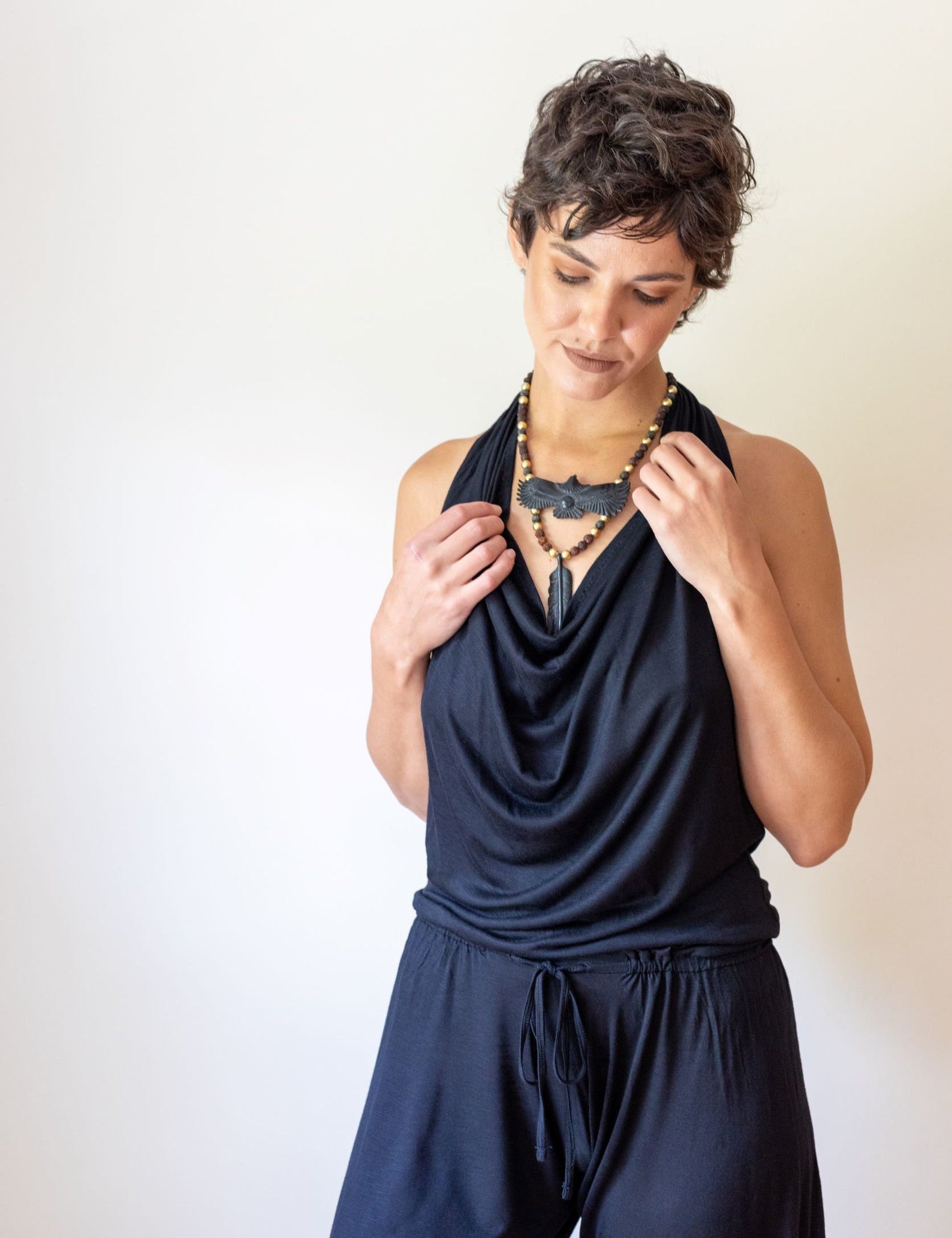 Women's One-piece Cowl Neck Halter Top Backless Yoga Jumpsuit / Romper / Onesie in Black