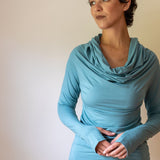 Star Cowl Neck Hoodie Shirt with Thumbholes in Aqua