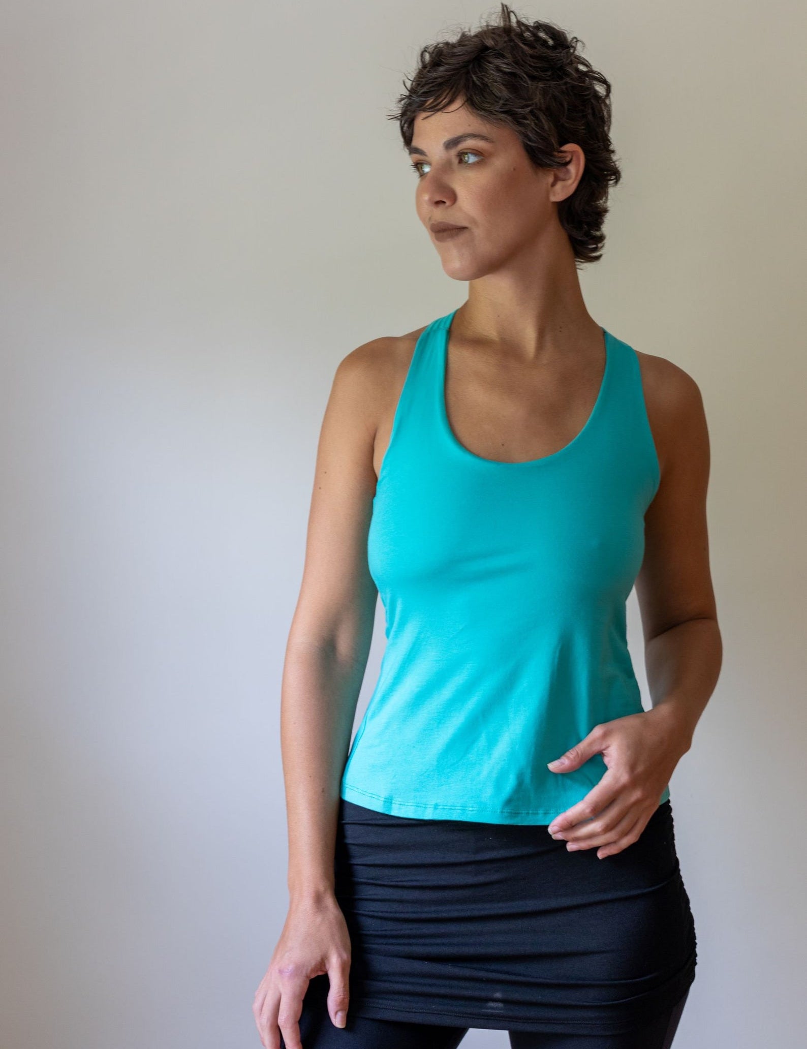 Strappy Lattice Back Yoga Tank Top with Built in Bra in Turquoise Blue