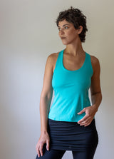 Strappy Lattice Back Yoga Tank Top with Built in Bra in Turquoise Blue