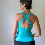 Strappy Lattice Back Yoga Tank Top with Built in Bra in Turquoise Blue