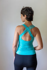 Strappy Lattice Back Yoga Tank Top with Built in Bra in Turquoise Blue