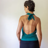 Cowl Front Backless Halter Top in Jasper Green Boho Drape Blouse