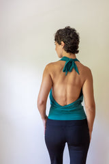 Cowl Front Backless Halter Top in Jasper Green Boho Drape Blouse