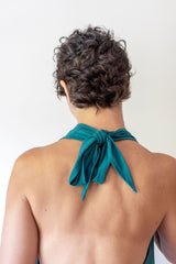 Cowl Front Backless Halter Top in Jasper Green Boho Drape Blouse