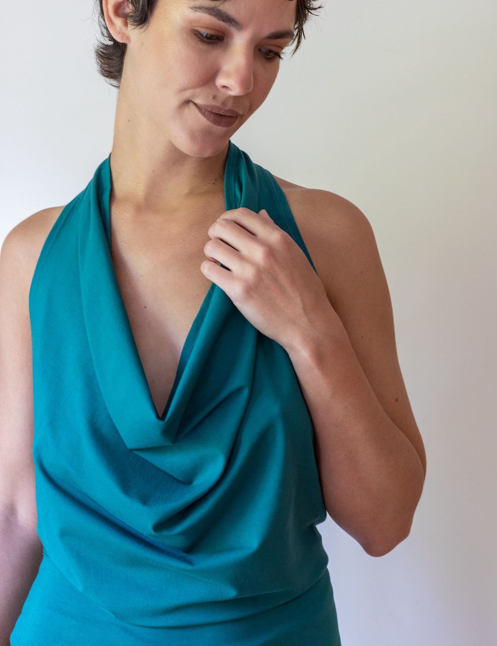 Cowl Front Backless Halter Top in Jasper Green Boho Drape Blouse