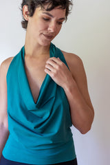 Cowl Front Backless Halter Top in Jasper Green Boho Drape Blouse