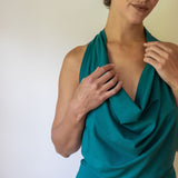 Cowl Front Backless Halter Top in Jasper Green Boho Drape Blouse