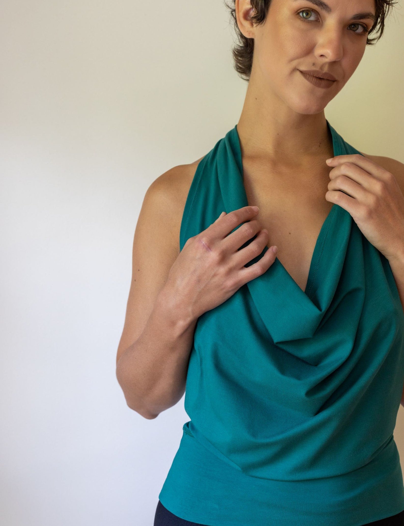 Cowl Front Backless Halter Top in Jasper Green Boho Drape Blouse