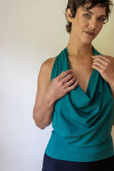 Cowl Front Backless Halter Top in Jasper Green Boho Drape Blouse