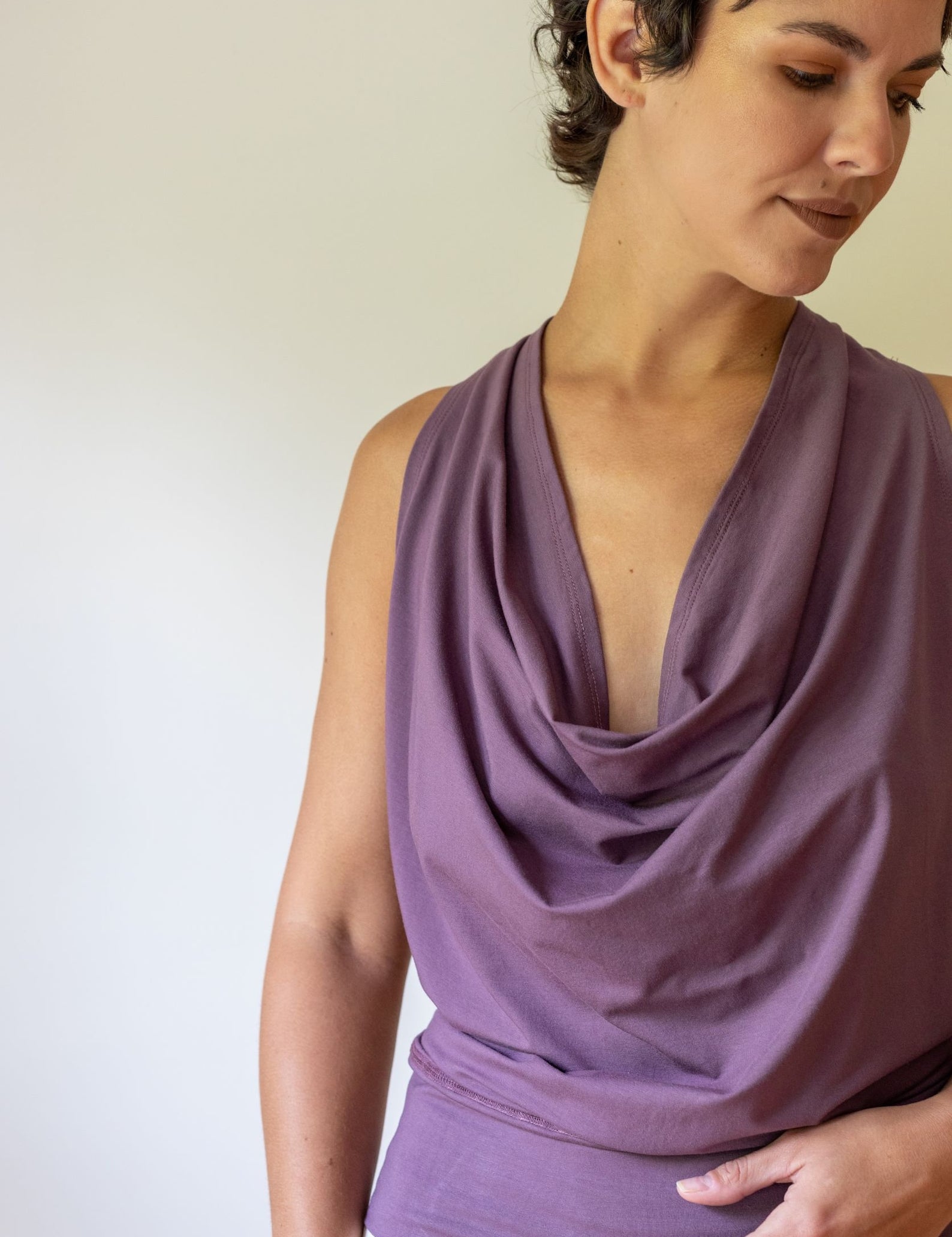 Cowl Front Backless Halter Top in Amethyst Lavender Drape Blouse