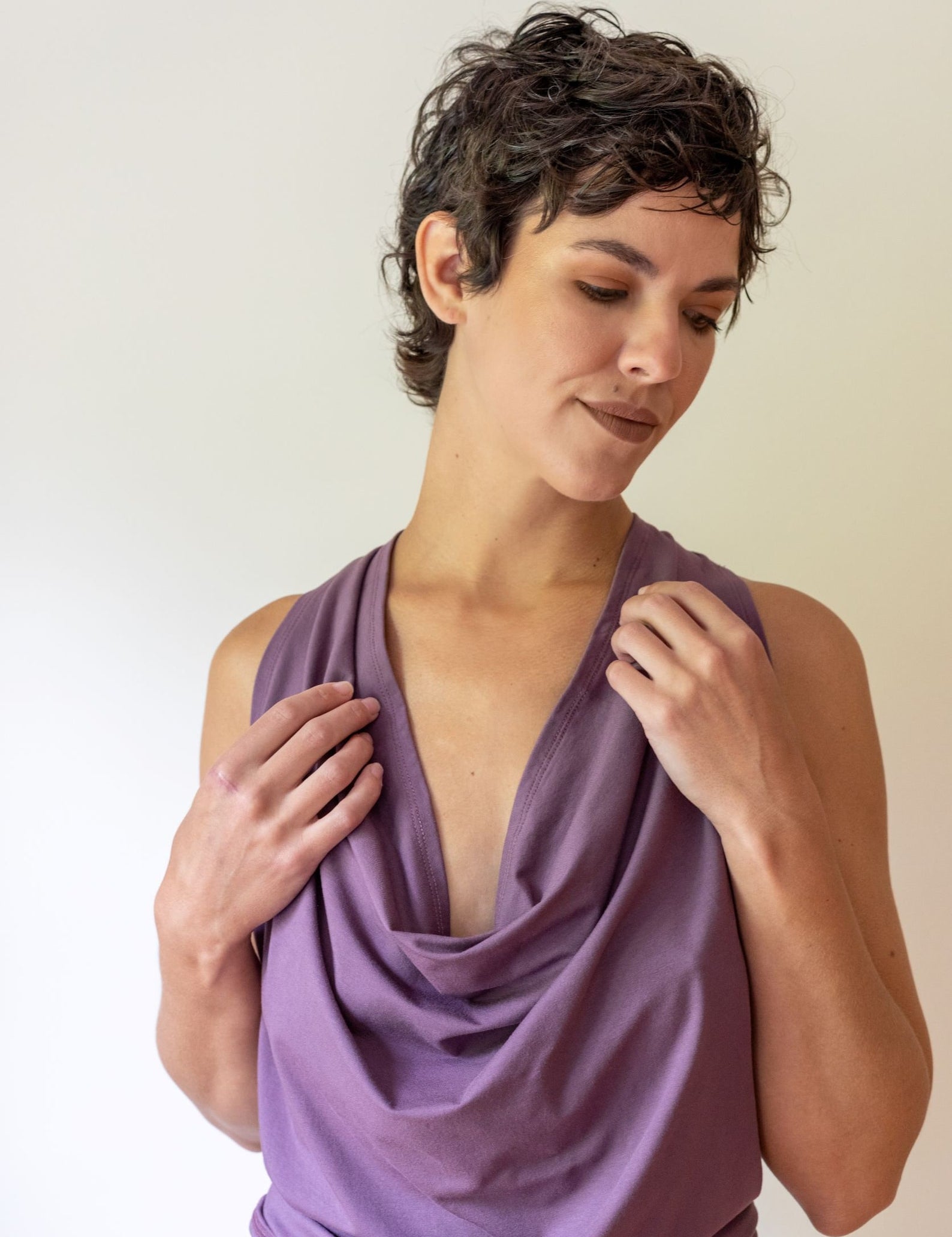 Cowl Front Backless Halter Top in Amethyst Lavender Drape Blouse