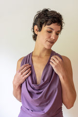 Cowl Front Backless Halter Top in Amethyst Lavender Drape Blouse
