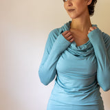 Star Cowl Neck Hoodie Shirt with Thumbholes in Aqua