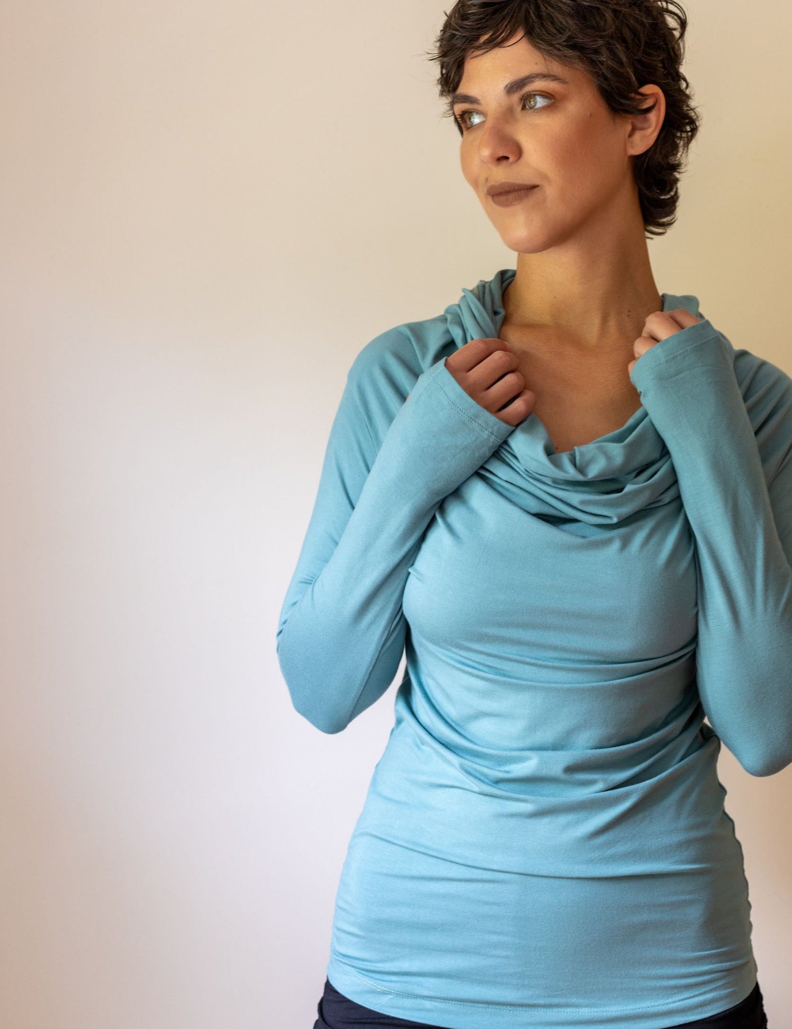 Star Cowl Neck Hoodie Shirt with Thumbholes in Aqua