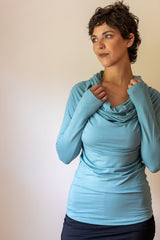 Star Cowl Neck Hoodie Shirt with Thumbholes in Aqua