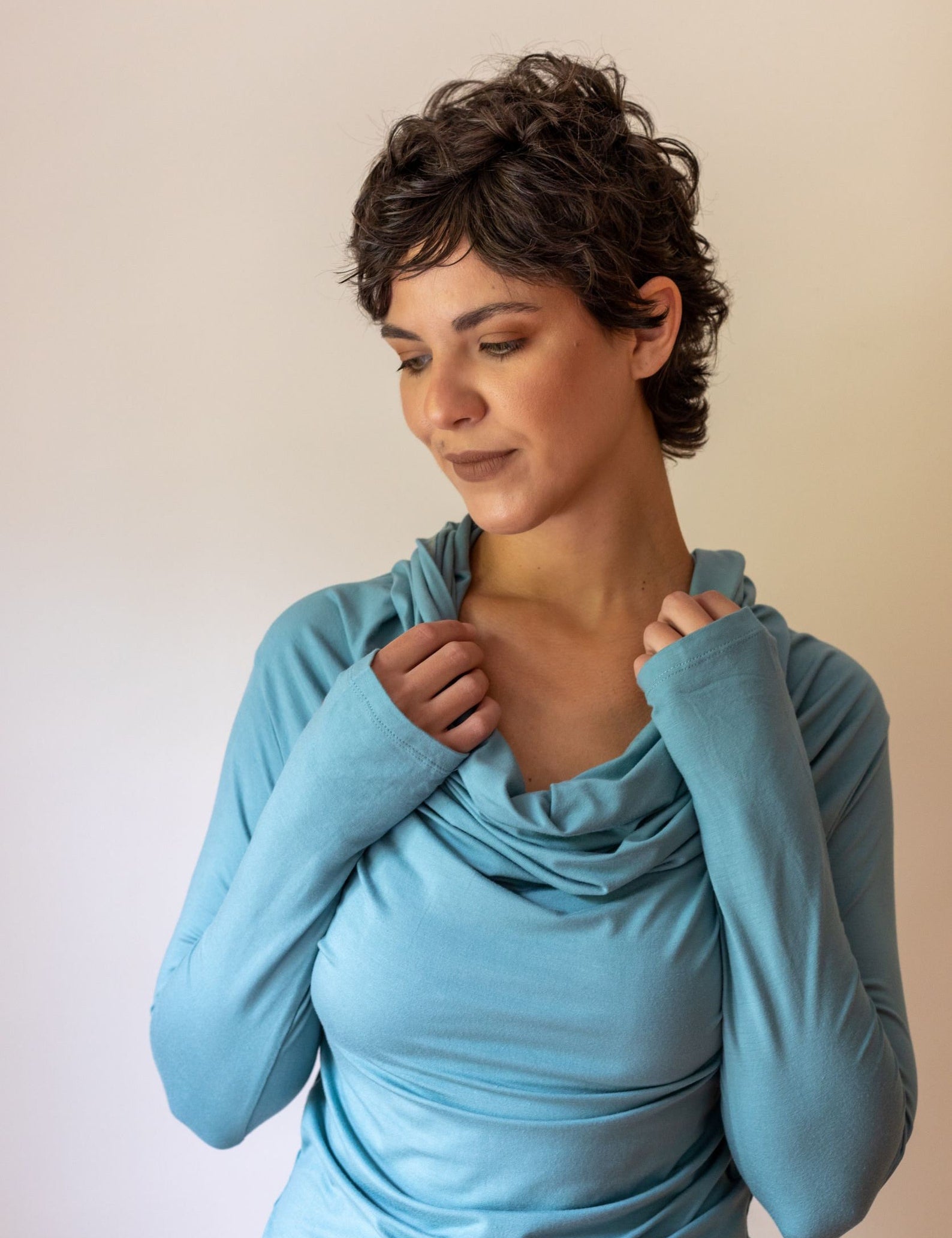 Star Cowl Neck Hoodie Shirt with Thumbholes in Aqua