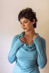 Star Cowl Neck Hoodie Shirt with Thumbholes in Aqua