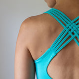 Strappy Lattice Back Yoga Tank Top with Built in Bra in Turquoise Blue
