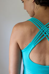 Strappy Lattice Back Yoga Tank Top with Built in Bra in Turquoise Blue