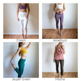 Ruched, Cinched Yoga Leggings with Mini Skirt in Amethyst