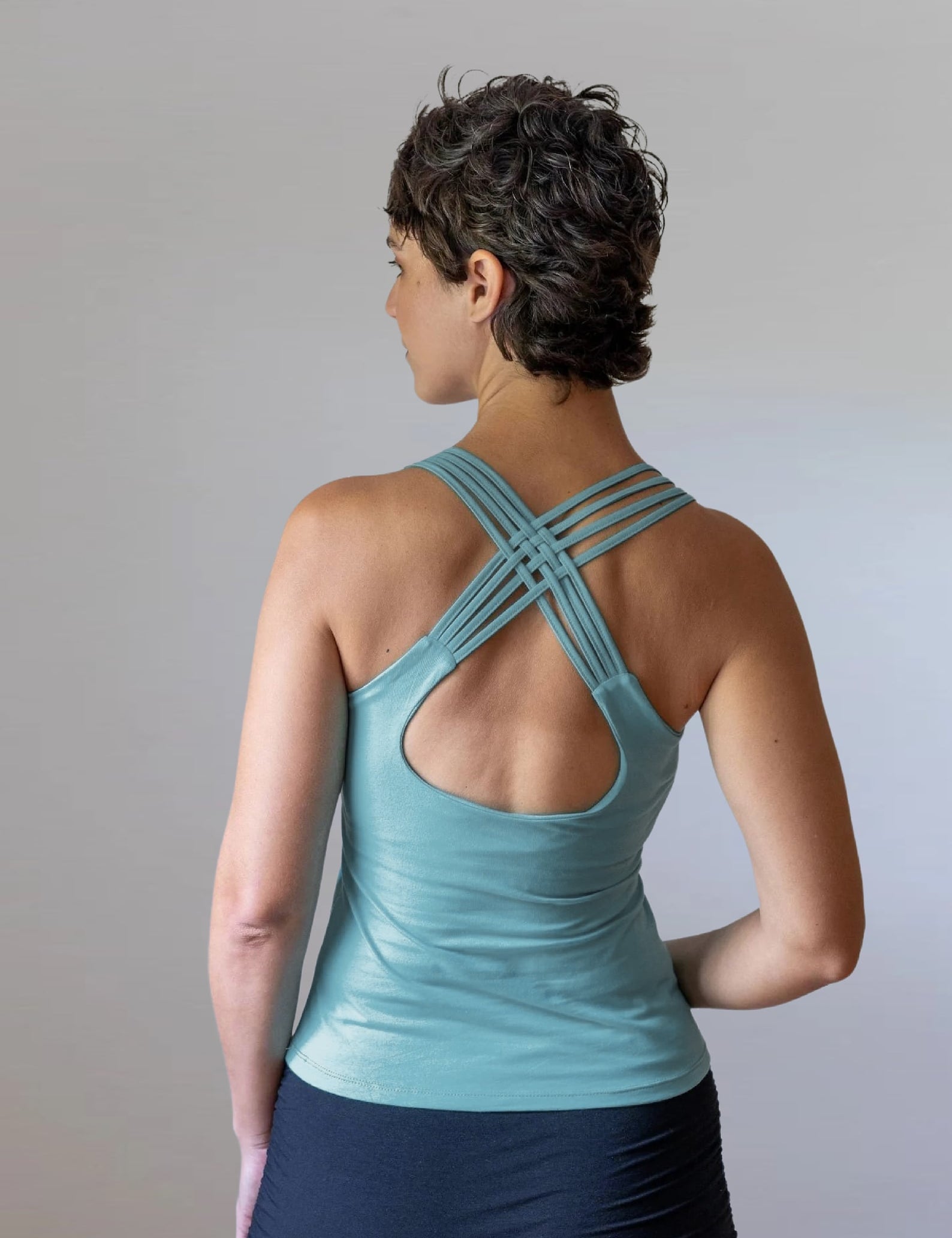 Faith Strappy Yoga Tank Top with Built in Bra in Sage Green