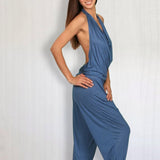 Women's One-piece Cowl Neck Halter Top Backless Yoga Jumpsuit / Romper / Onesie in Slate Blue