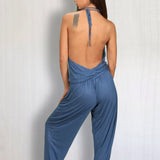 Women's One-piece Cowl Neck Halter Top Backless Yoga Jumpsuit / Romper / Onesie in Slate Blue
