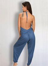 Women's One-piece Cowl Neck Halter Top Backless Yoga Jumpsuit / Romper / Onesie in Slate Blue