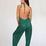 Women's One-piece Cowl Neck Halter Top Backless Yoga Jumpsuit / Romper / Onesie in Teal Green