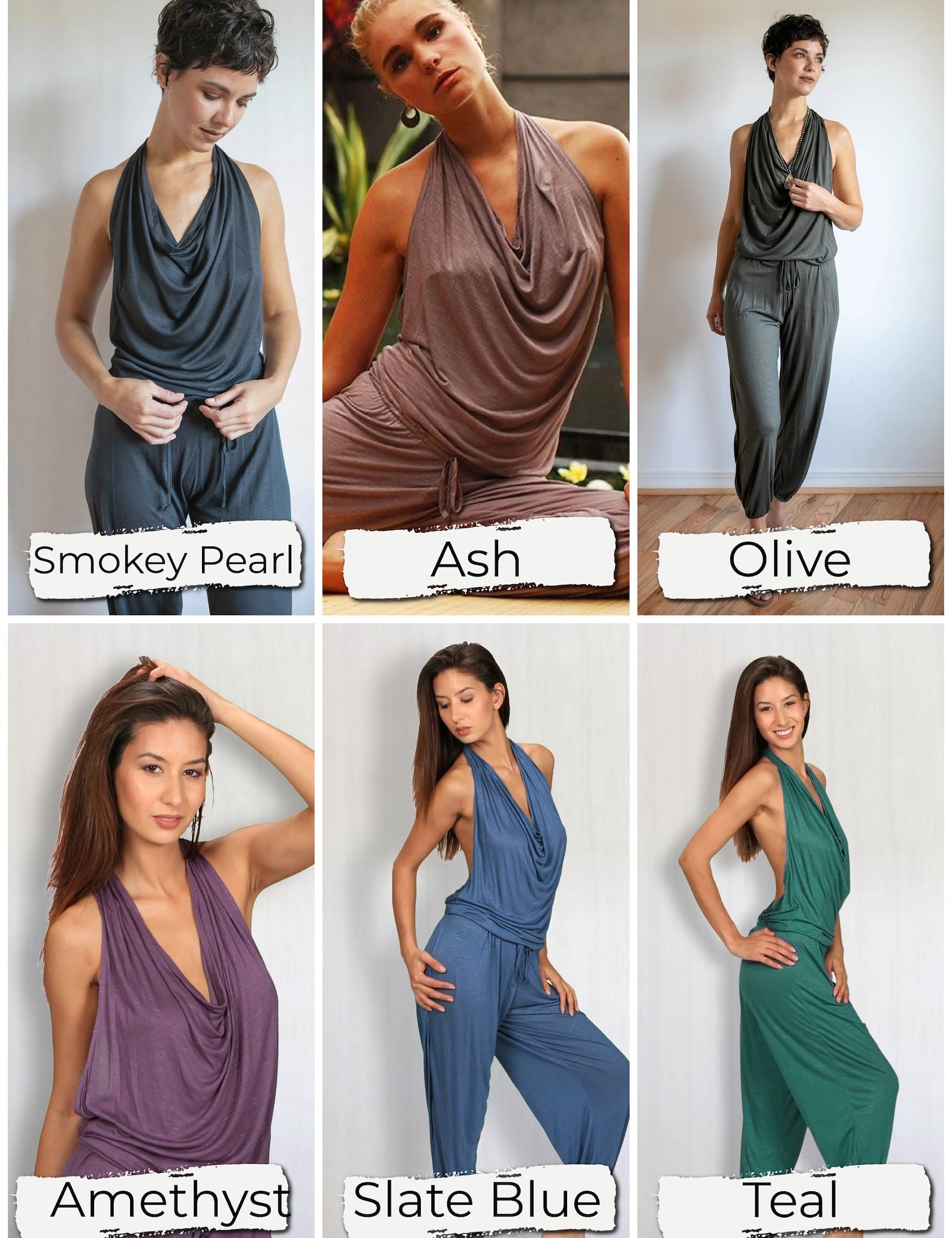 Women's One-piece Cowl Neck, Halter Top, Backless Yoga Jumpsuit / Romper / Onesie in Ash