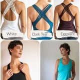 Faith Strappy Yoga Tank Top: Lattice Back, Built-in Bra in Eggplant