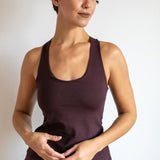 Faith Strappy Yoga Tank Top: Lattice Back, Built-in Bra in Eggplant