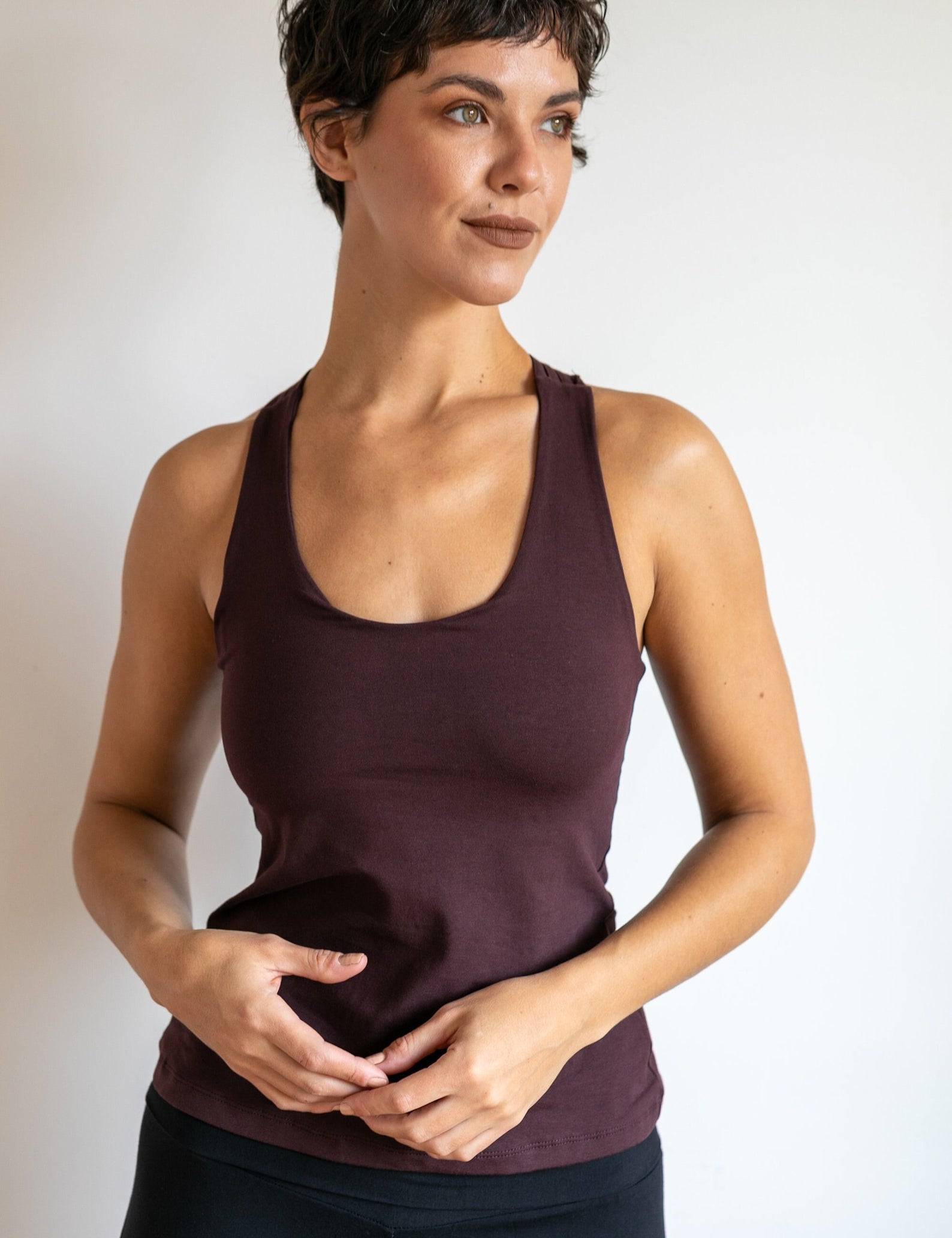 Faith Strappy Yoga Tank Top: Lattice Back, Built-in Bra in Eggplant